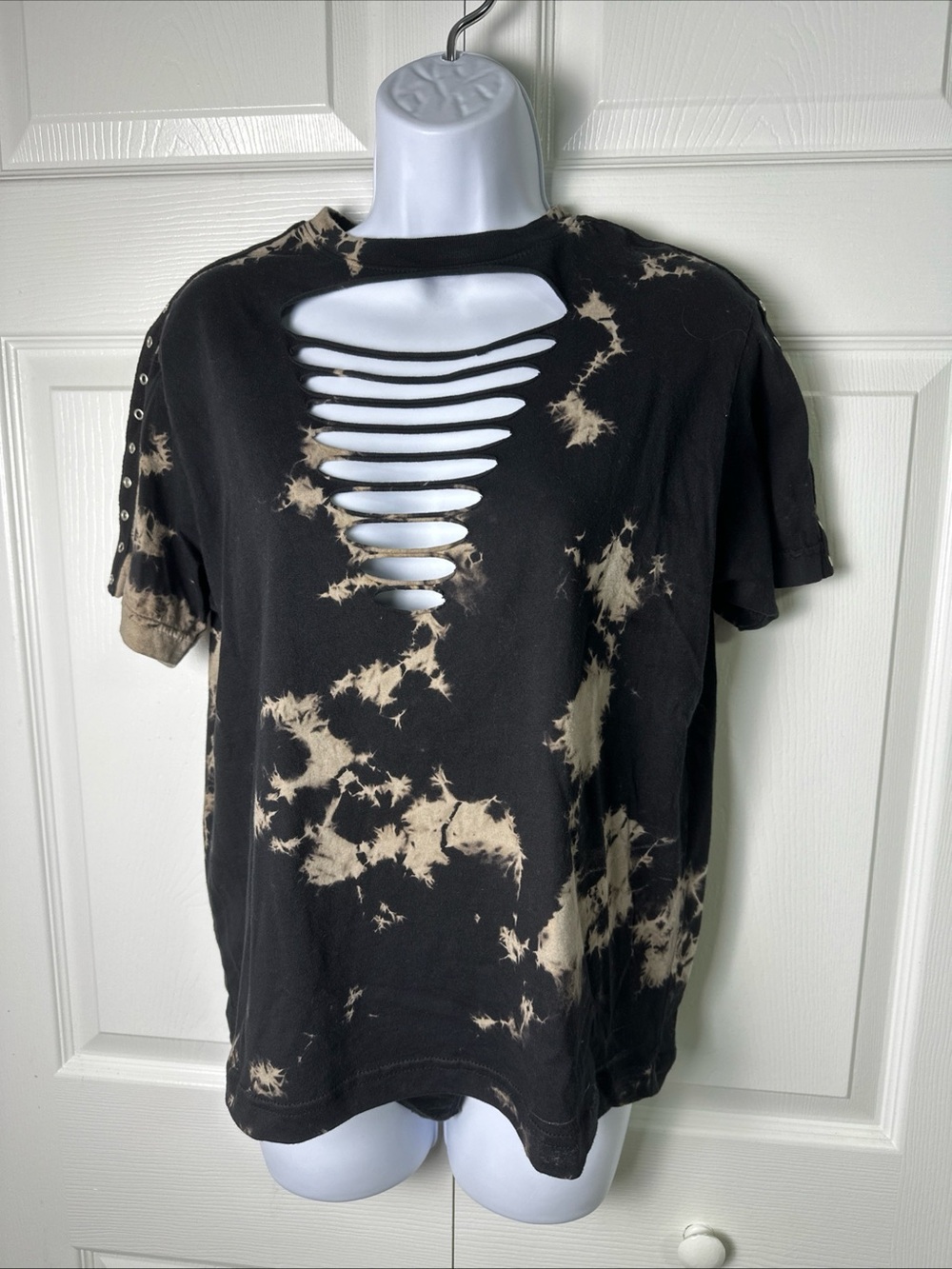 Gilded Intent Black and Cream Distressed Cutout Tie-Dye Tee